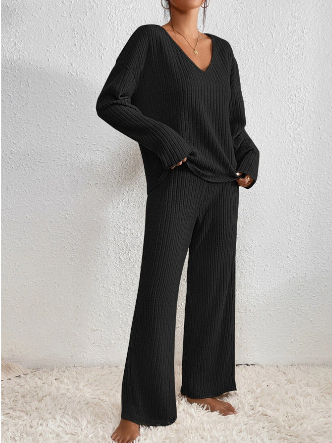 Éloïse | 2-Piece Ribbed V-Neck Sweater and Wide-Leg Pants Set