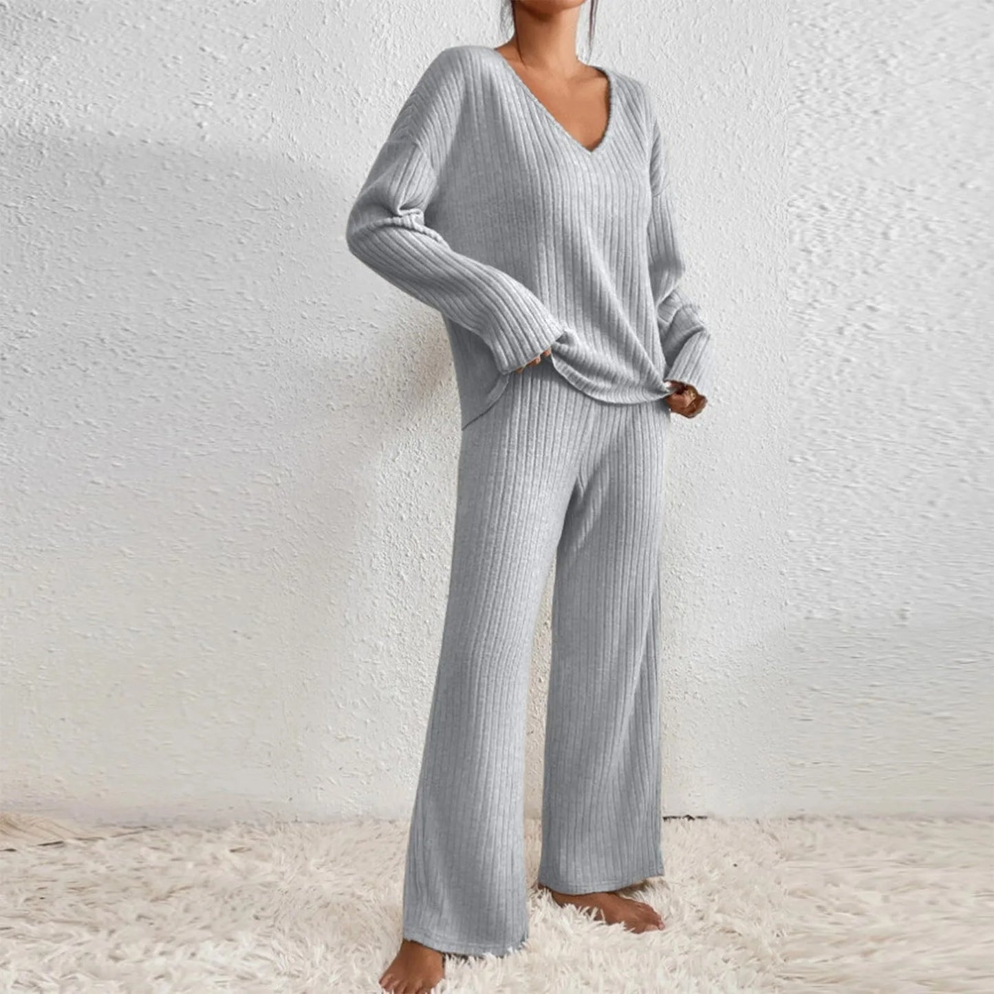 Éloïse | 2-Piece Ribbed V-Neck Sweater and Wide-Leg Pants Set