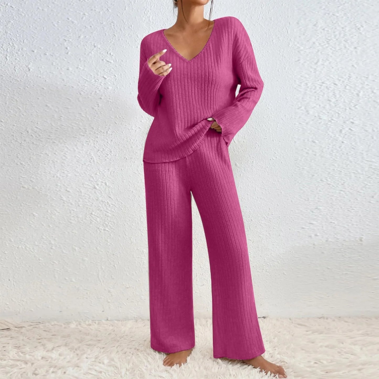 Éloïse | 2-Piece Ribbed V-Neck Sweater and Wide-Leg Pants Set
