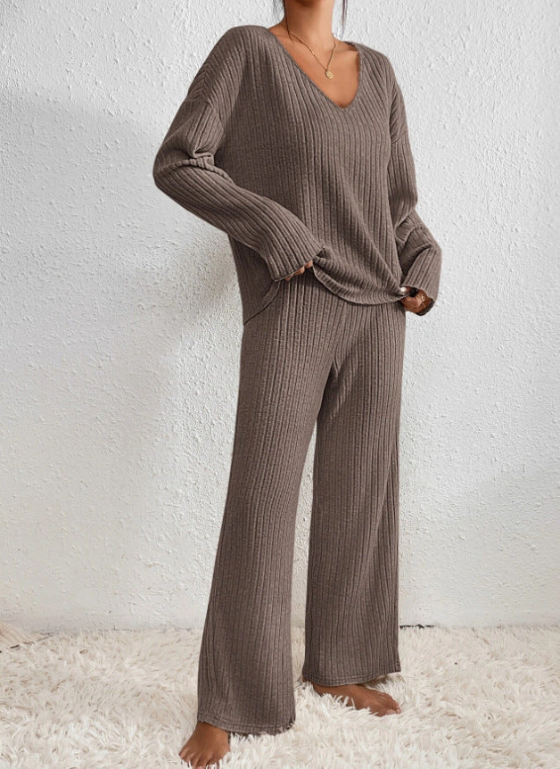 Éloïse | 2-Piece Ribbed V-Neck Sweater and Wide-Leg Pants Set