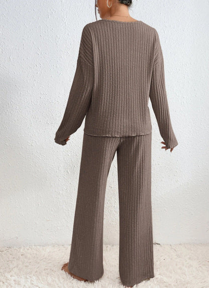 Éloïse | 2-Piece Ribbed V-Neck Sweater and Wide-Leg Pants Set