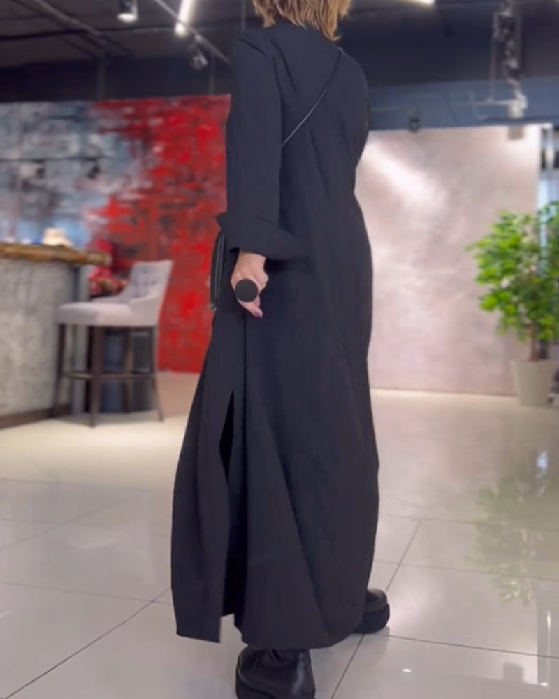 Evia™ | Loose long dress with lapel and side slit